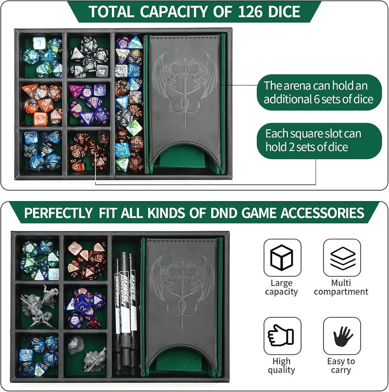 Grajar 3 in 1 Dice Tray with Lid, Portable Dice Box Storage, D&D RPG MTG Table Games (Green) - Image 2